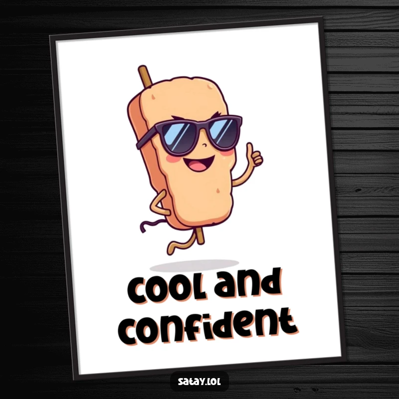 Funny cool satay skewer art print, downloadable for instant display, wearing sunglasses and grinning confidently with style.