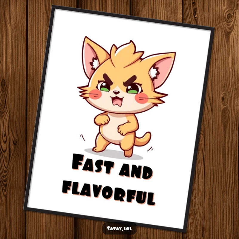 Funny Satay Digital Art: A determined satay skewer is depicted mid-dash, offering a humorous and energetic visual. Perfect funny gift.