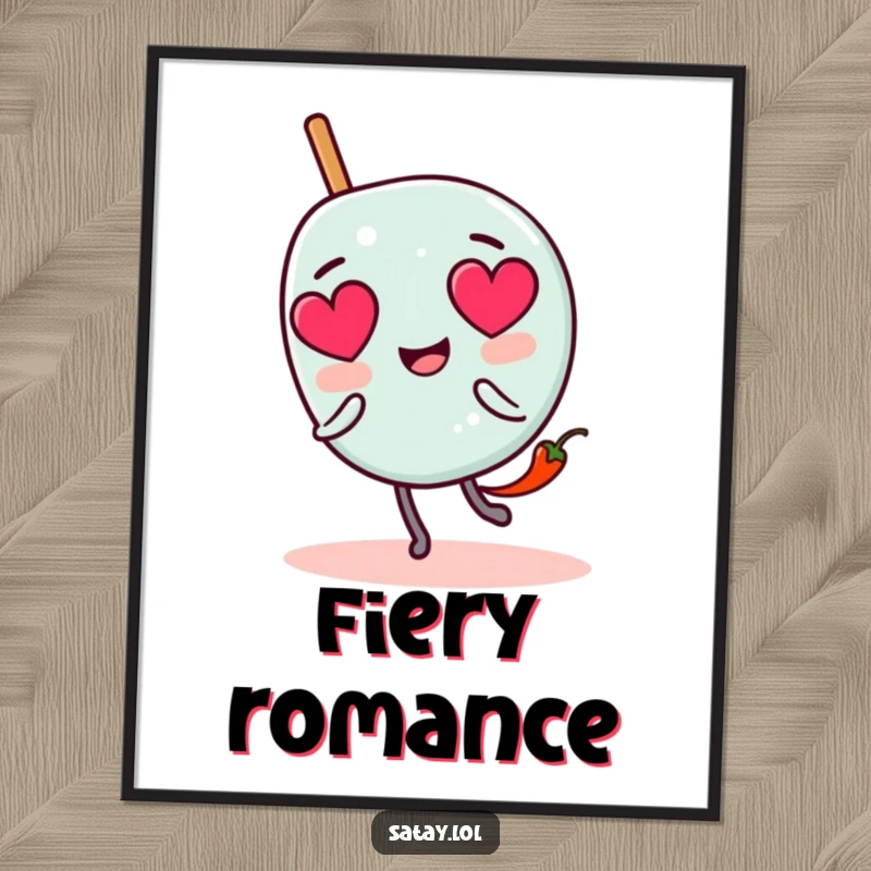 Funny satay skewer character digital art with heart eyes, chased by a tiny chili pepper, downloadable for humorous wall decor.