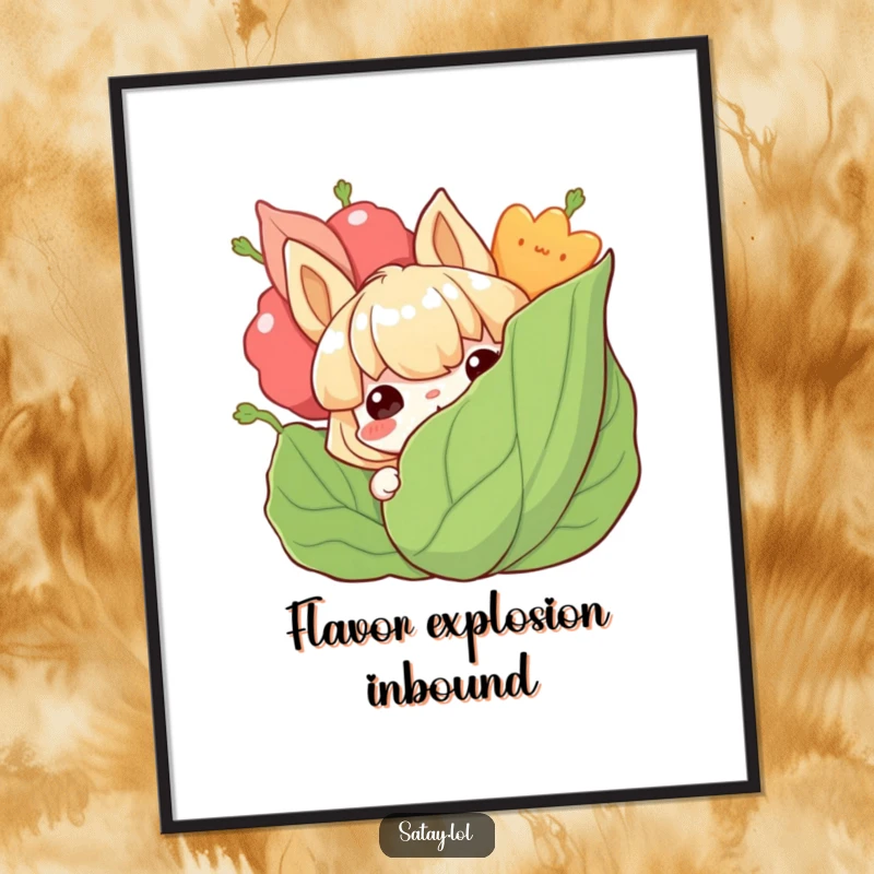Funny satay digital art print of a grinning satay character peeking from behind a leafy garnish, full of flavor.