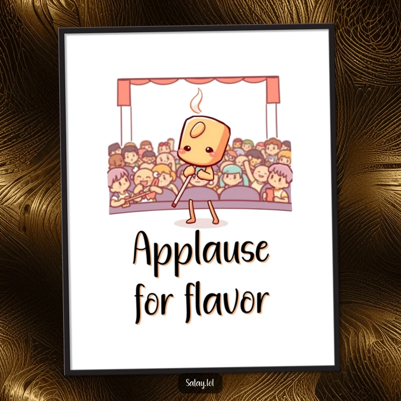 Funny satay skewer in a dramatic bow, available as a high-resolution digital art print for instant, theatrical display.