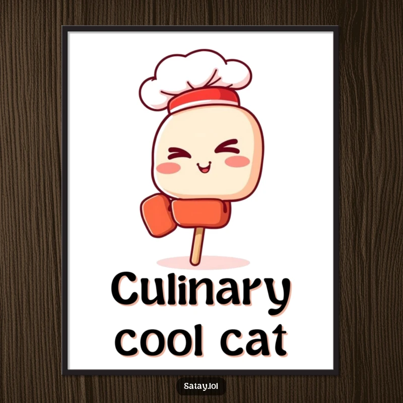 Funny digital art print of a confident satay skewer chef wearing a hat and winking, adding charm.