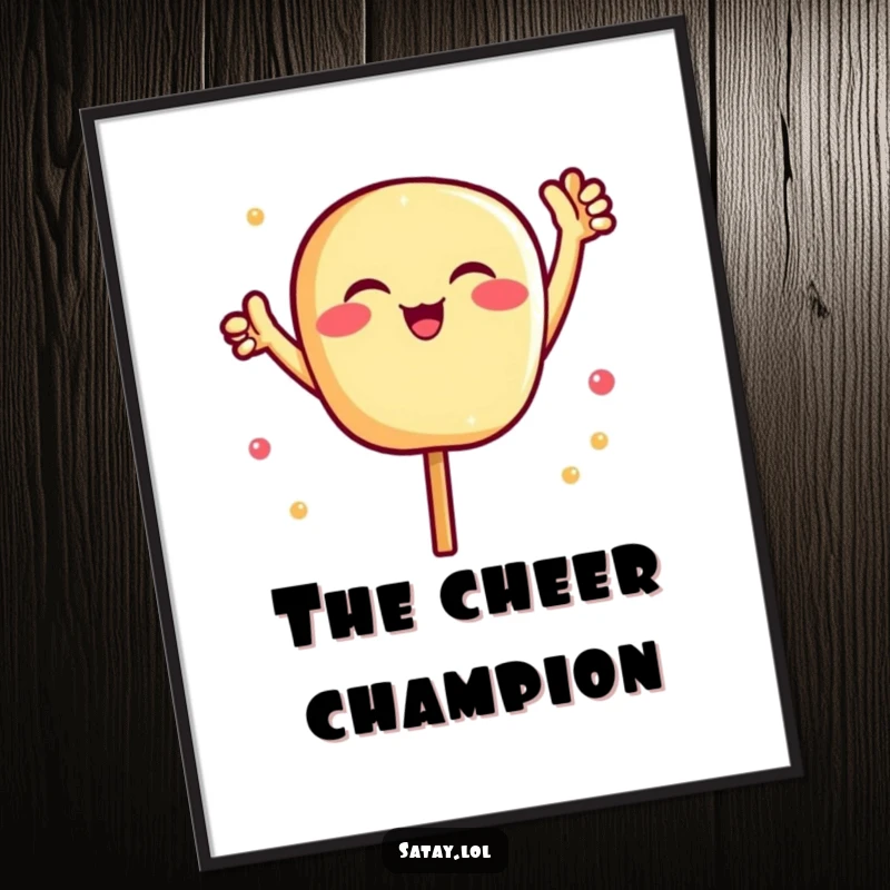 Funny Satay Digital Art: A jubilant satay skewer cheers with raised arms, bringing festive fun to any digital display. Funny gift.