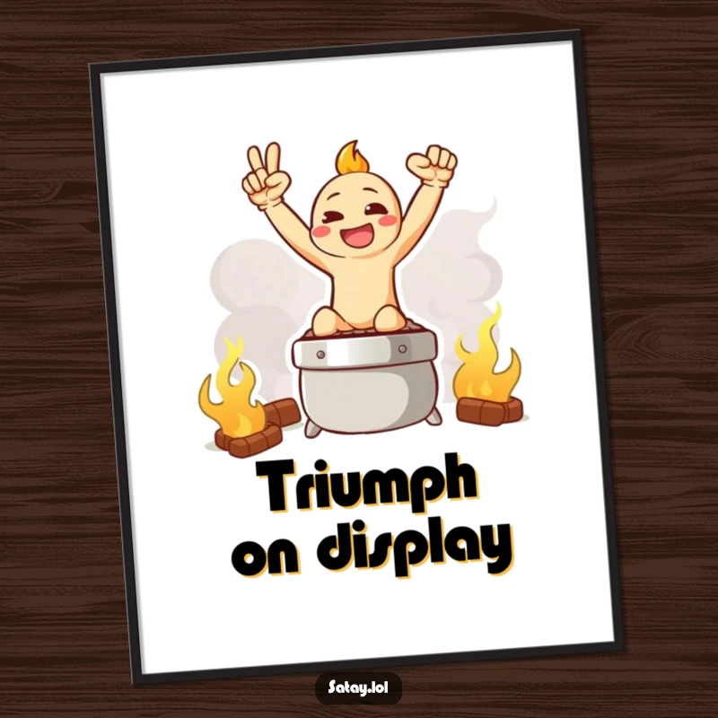 Funny digital art print of a satay character striking a triumphant pose on a smoky grill graphic.