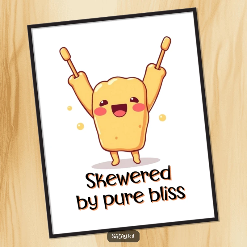 Funny digital art print of a celebratory satay skewer character with arms thrown up in a gesture of absolute delight and happiness.