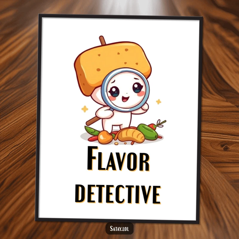 Funny satay skewer detective digital art print, a skewer inspecting spices with a magnifying glass, a humorous and intriguing wall decor.