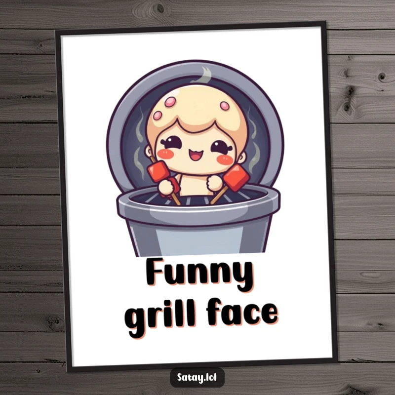 Funny satay skewer character digital art, peeking from a grill with a funny face, downloadable for humorous wall decor.