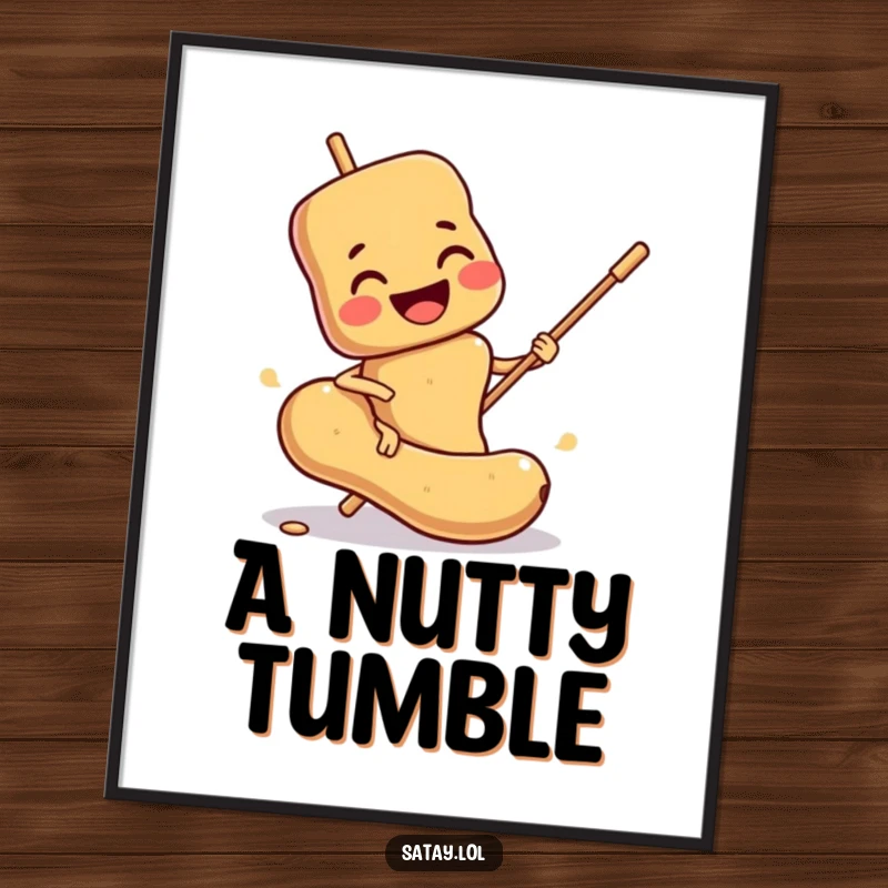 Funny Satay Skewer Digital Art Print: A smiling skewer comically slips on a peanut, perfect for instant funny food display.