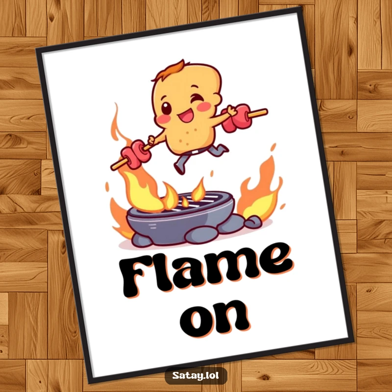 Funny satay skewer character in a dramatic leap over a roaring grill, delivered as a high-quality digital art print.