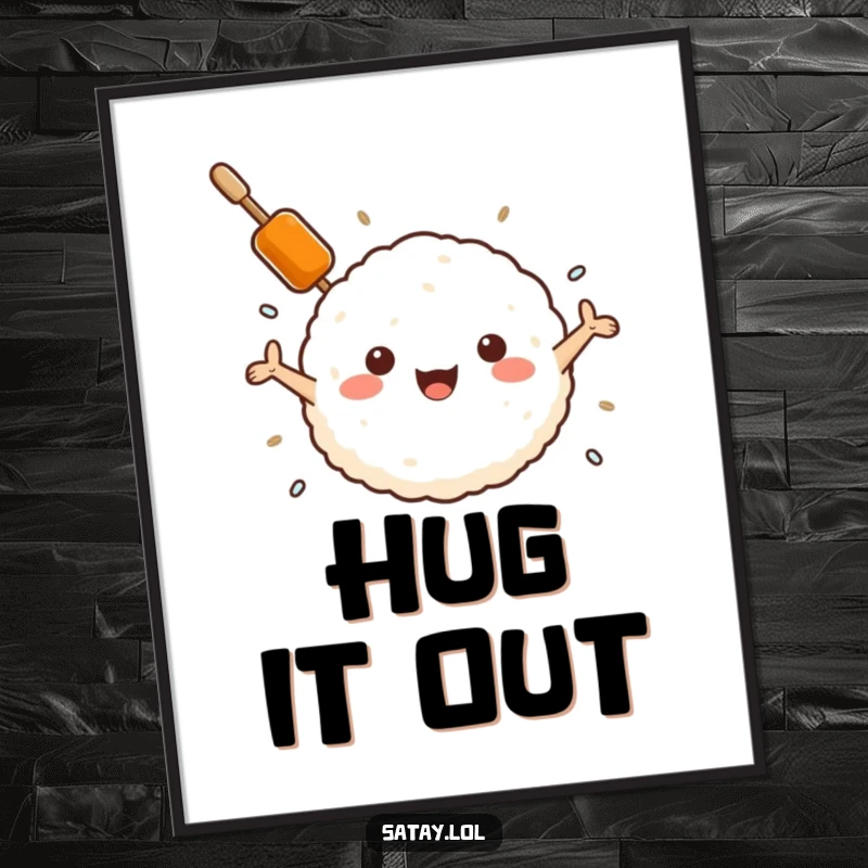 Funny satay skewer and rice ball digital art print, a skewer embracing a rice ball, instantly downloadable humorous artwork.