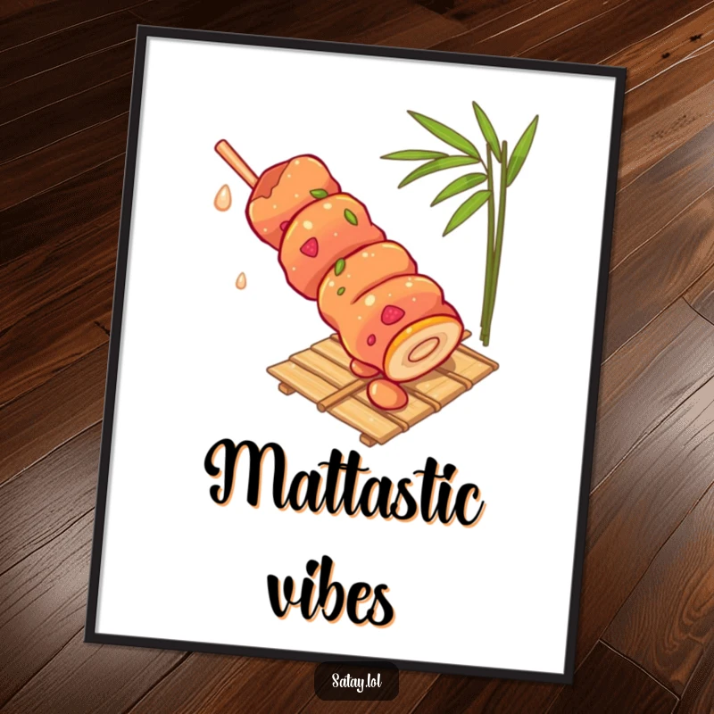Funny satay skewer digital art print, depicting a skewer rolling down a bamboo mat with gusto, a humorous and vibrant wall decor.