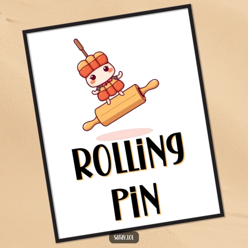 Funny, high-resolution digital art print of a satay skewer character teetering precariously on a rolling pin.