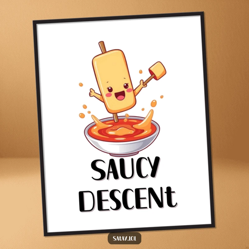 Funny satay skewer character digital art, jumping into bubbling sauce, downloadable for humorous wall decor.