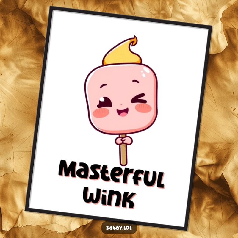 Funny Satay Skewer Digital Art Print with a character winking playfully after a successful flip, perfect for confident decor.