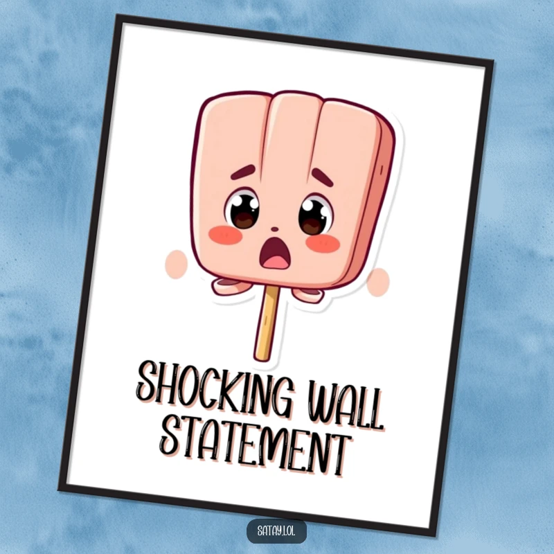 Funny digital art print of a satay skewer character with bugging-out eyes and a comically surprised expression.