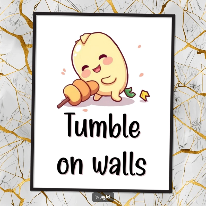 Funny digital art print of a satay skewer character comically tripping over its own stick, adding humor.