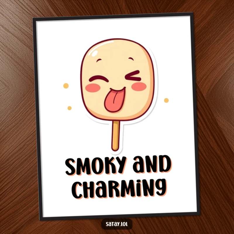 Funny digital art print of a winking satay skewer character sticking out its char-marked tongue, celebrating culinary comedy.