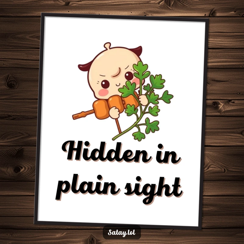 Funny Satay Skewer Digital Art Print showing a skewer character shyly peeking from behind a parsley sprig, perfect for adding a playful and humorous touch.