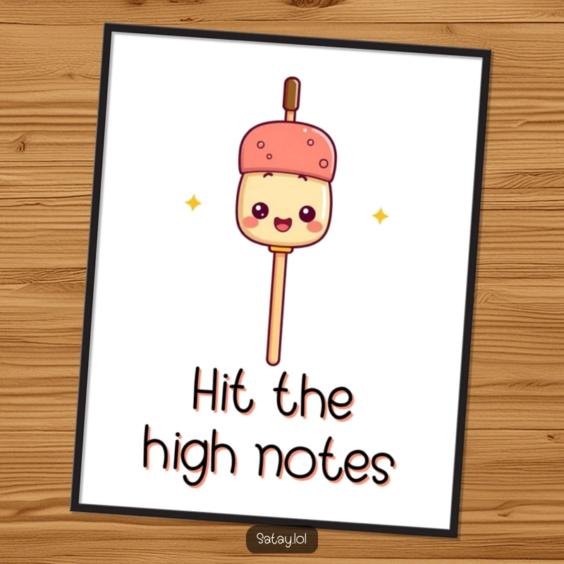 Funny digital art print of a satay skewer using its stick as a microphone, capturing a moment of comedic performance for wall decor.