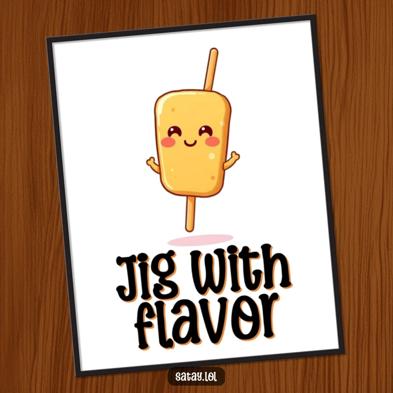Funny satay skewer digital art print, a smiling skewer performing a lively jig, instantly downloadable and frameable humorous artwork.