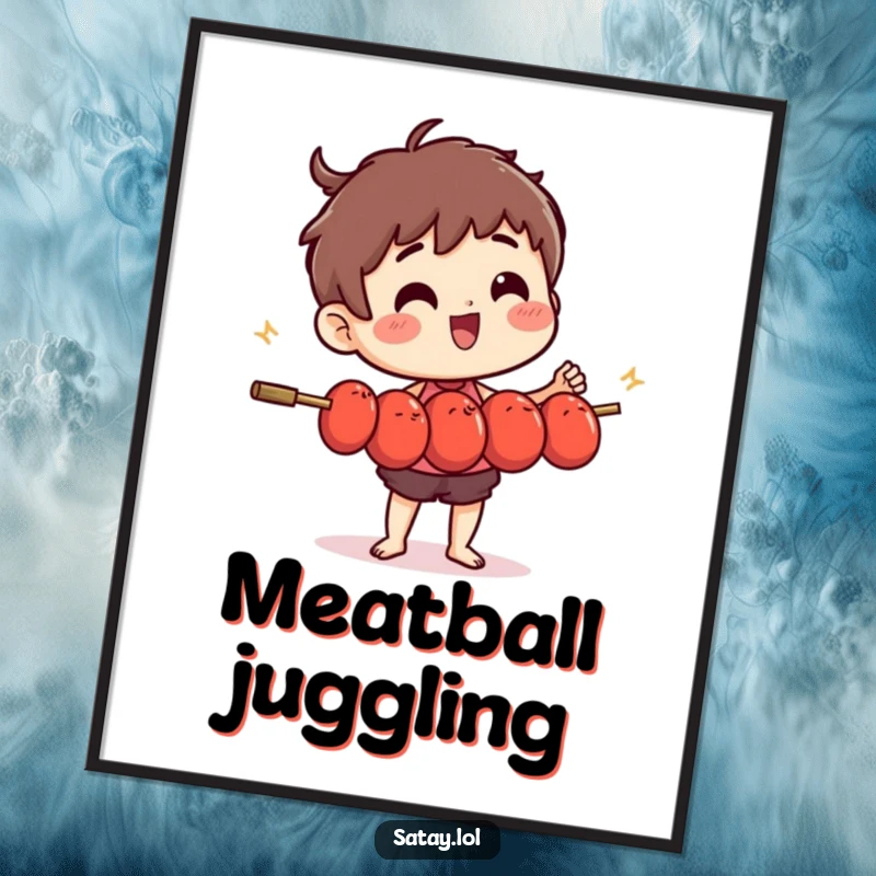 Funny, high-resolution digital art print of a satay skewer character juggling small, wiggling meatballs.
