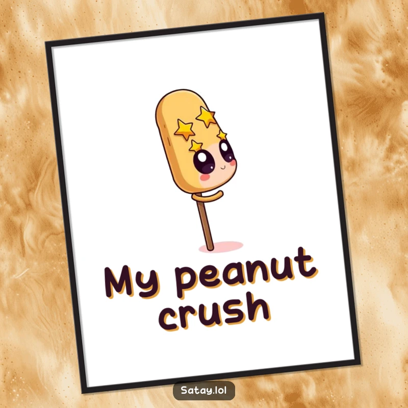 Funny Satay Skewer Digital Art Print of a character starry-eyed over a giant peanut, perfect for quirky food decor.