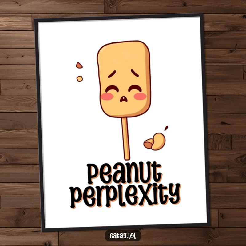 Funny digital art print of a satay skewer character looking comically confused by a misplaced peanut; perfect for quirky decor.