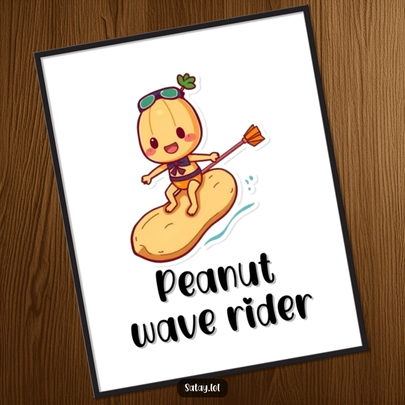 Funny Satay Skewer Digital Art Print capturing a skewer character surfing a peanut, showcasing athletic prowess and a humorous, action-packed scene.