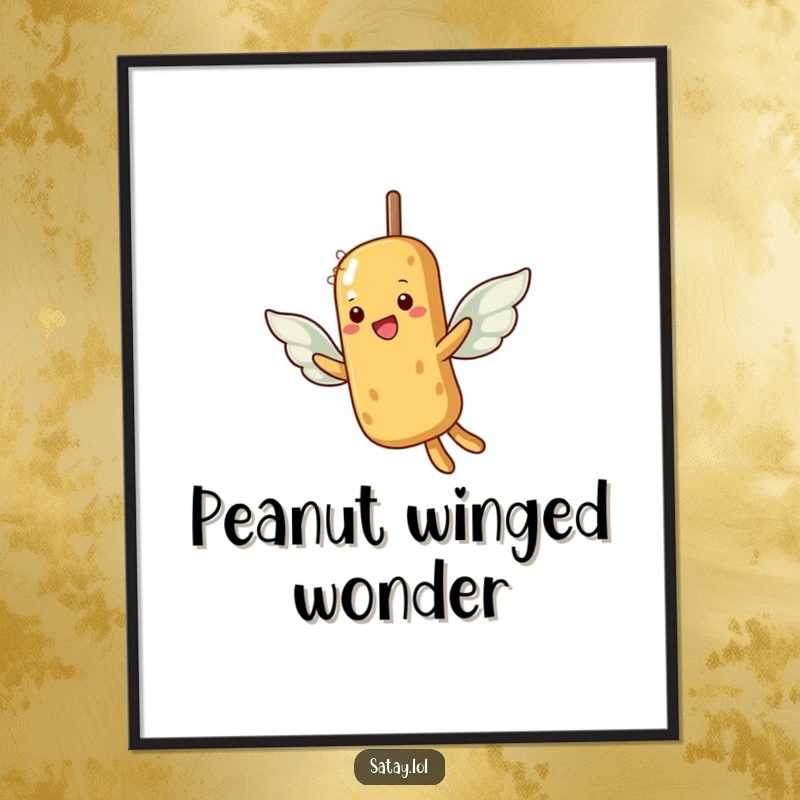 Funny digital art print of a satay skewer with peanut wings attempting flight, symbolizing aspiration and hope.