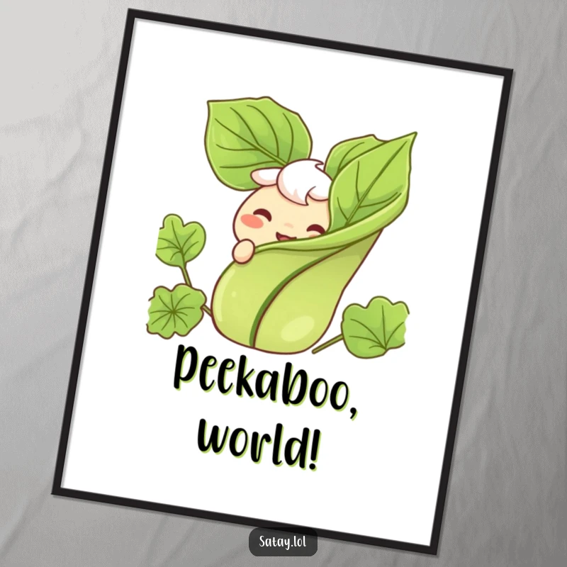 Funny digital art print of a satay skewer character grinning as it peeks out from behind a garnish.