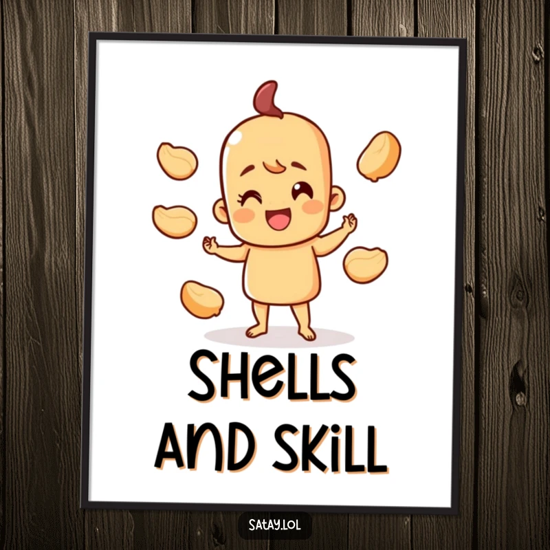 Funny happy satay skewer digital art print, character juggling peanut shells with a cheerful expression, high-resolution for printing.