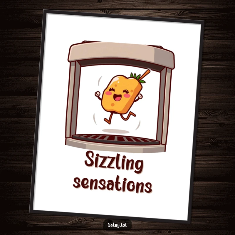 Funny digital art print of a cheerful satay skewer hopping on a grill, perfect for vibrant home decor.