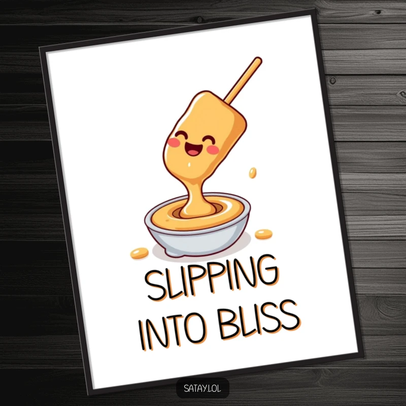 Funny satay skewer peanut sauce digital art print, a happy skewer sliding down peanut sauce, instantly downloadable humorous artwork.