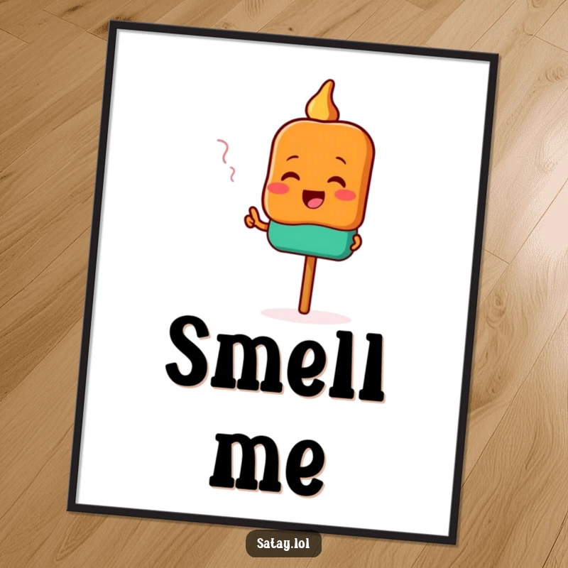 Funny satay digital art print of a happy satay skewer character excitedly pointing towards a delicious, aromatic scent.