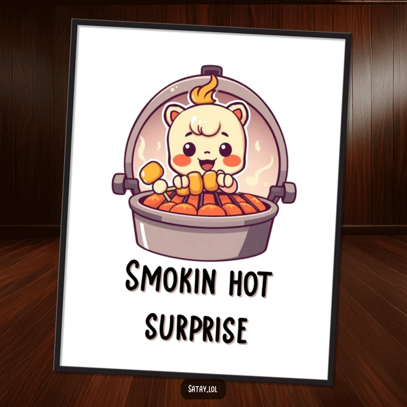 Funny Peeking Satay Skewer Digital Art Print, a digital download of a skewer character peeking from behind a grill graphic, adding playful culinary humor.