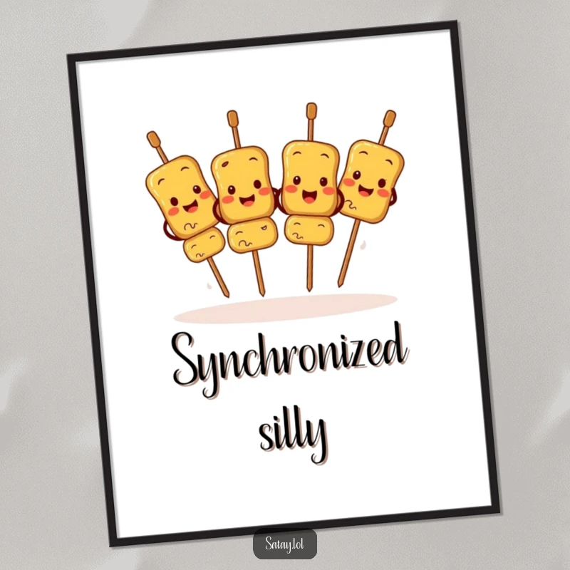 Funny Satay Skewers Digital Art Print depicting characters doing a synchronized jig, perfect for dynamic and humorous wall decor.