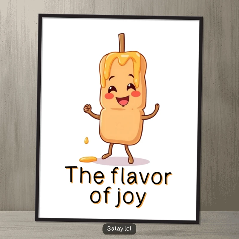 Funny digital art print of a smiling satay skewer character doing a jig with peanut sauce drizzling, for food lovers.
