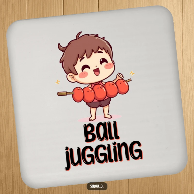 Funny satay skewer character in a juggling pose with small, wiggling meatballs on a protective drink coaster.