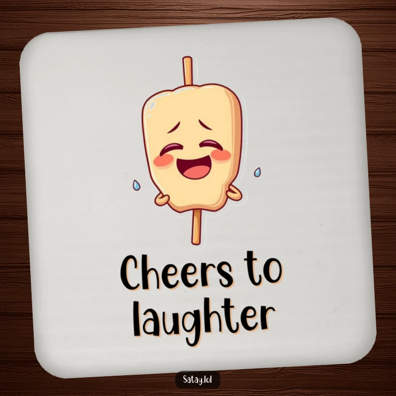 Funny drink coaster featuring a satay skewer character giggling uncontrollably with a single happy tear; a hilarious accessory.