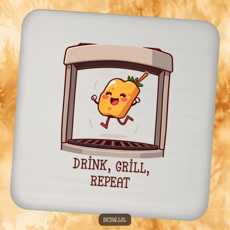 Funny coasters featuring a happy satay skewer hopping on a grill, protecting surfaces with a humorous touch.