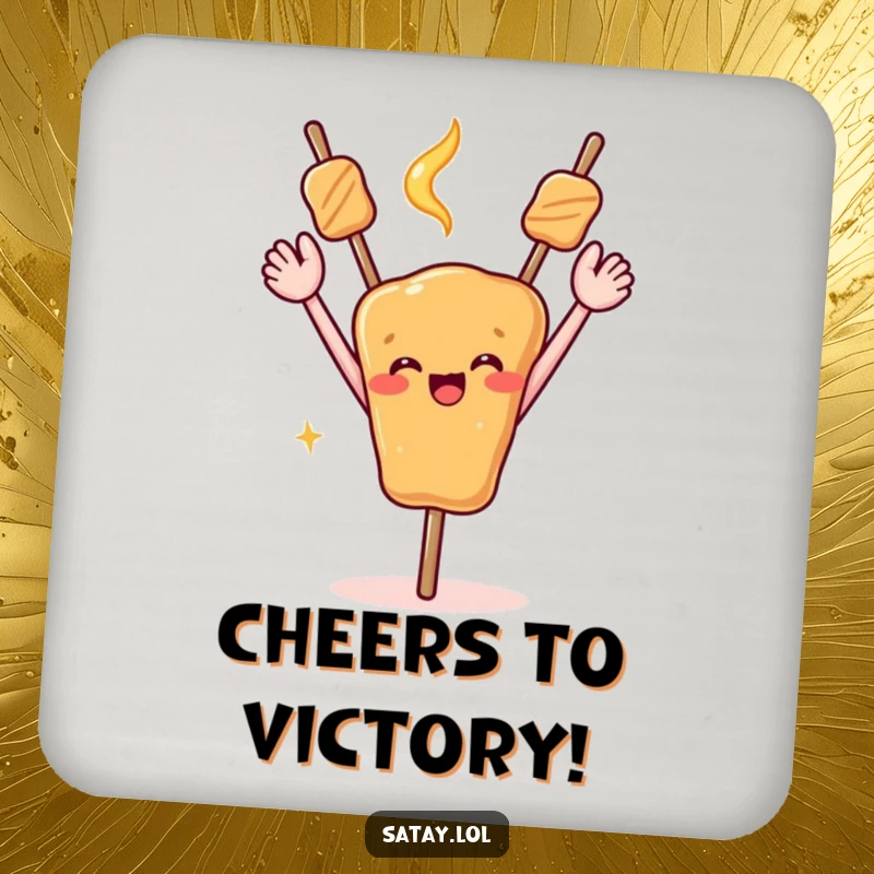 Funny drink coaster with a satay skewer with arms raised in the air, celebrating.