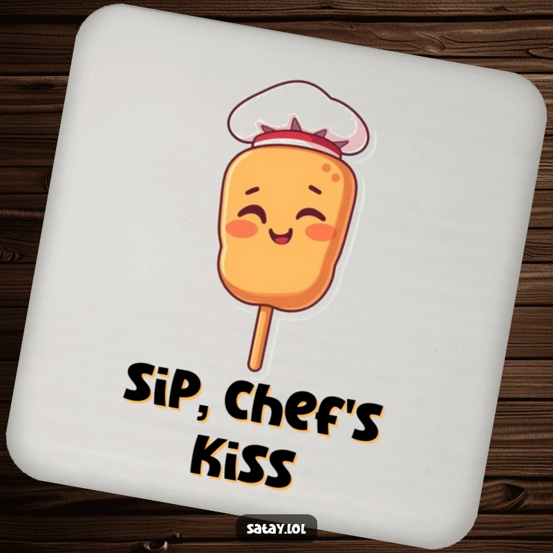 Funny drink coaster featuring a satay skewer character in a chef hat, giving a playful wink.