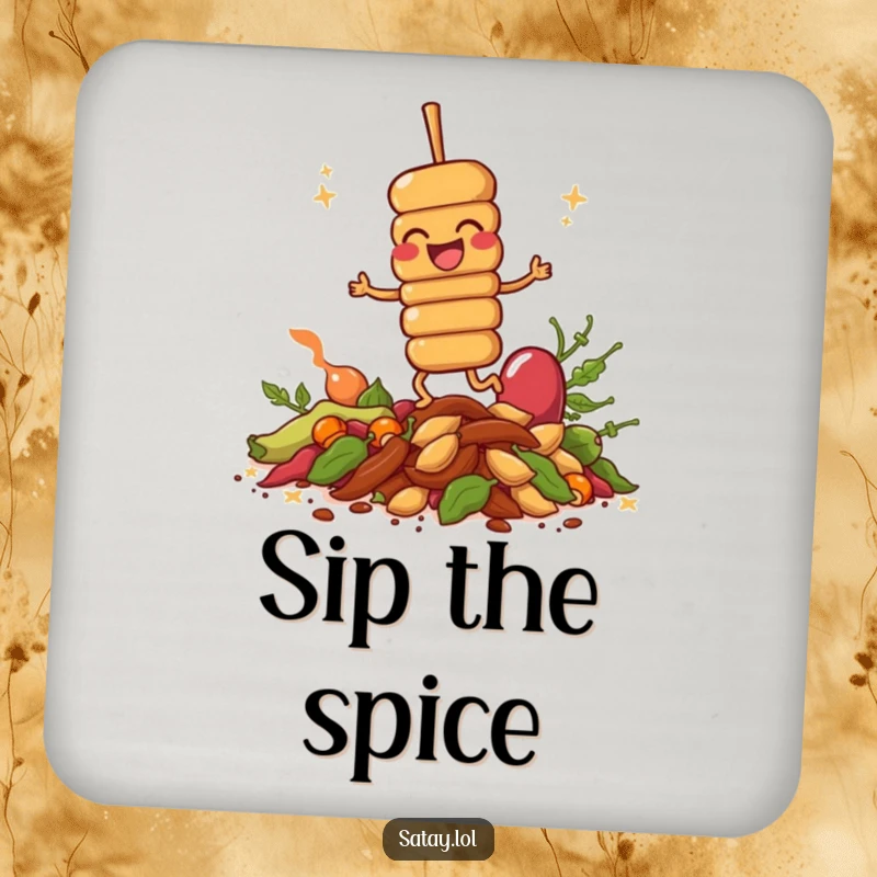 Funny giggling satay skewer on a drink coaster, hopping on spices, adding a touch of culinary fun to any surface.