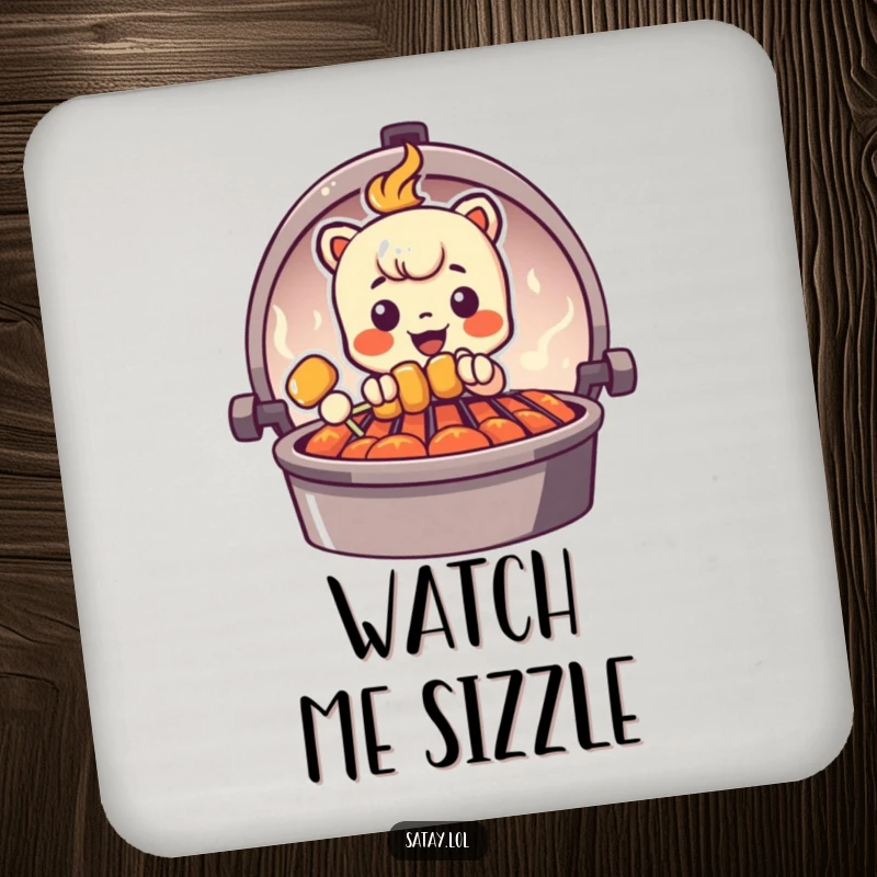 Funny Peeking Satay Skewer Coasters featuring a skewer character peeking from behind a grill graphic, protecting surfaces with playful humor.