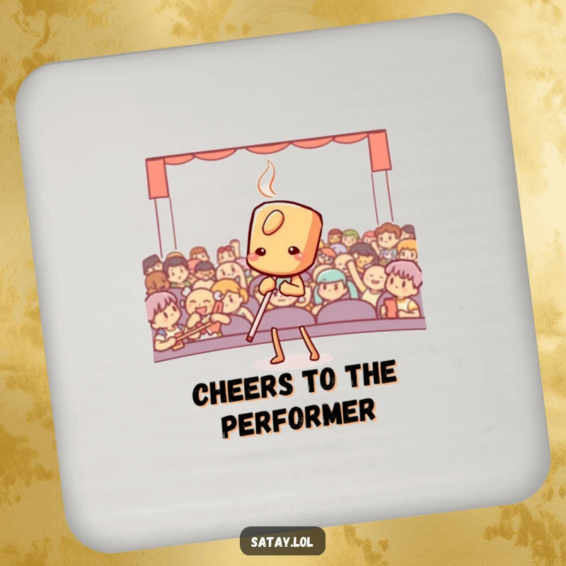 Funny satay skewer performing a dramatic bow on durable drink coasters, bringing theatrical charm to any setting.