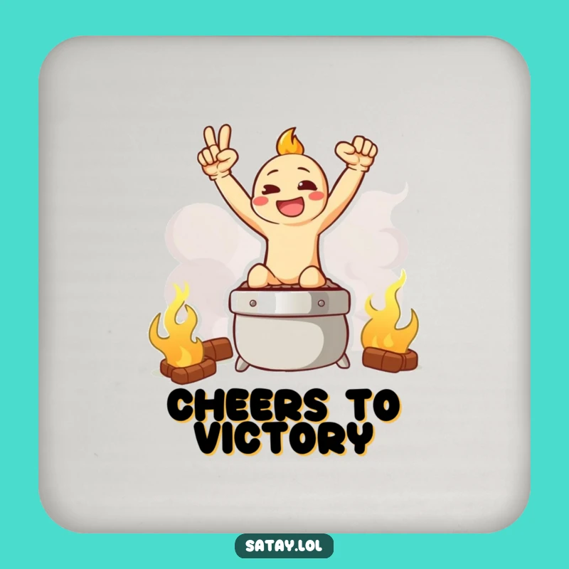 Funny Satay Coaster: Grilling Triumph Pose Character Drink Decor, Humorous BBQ Gift