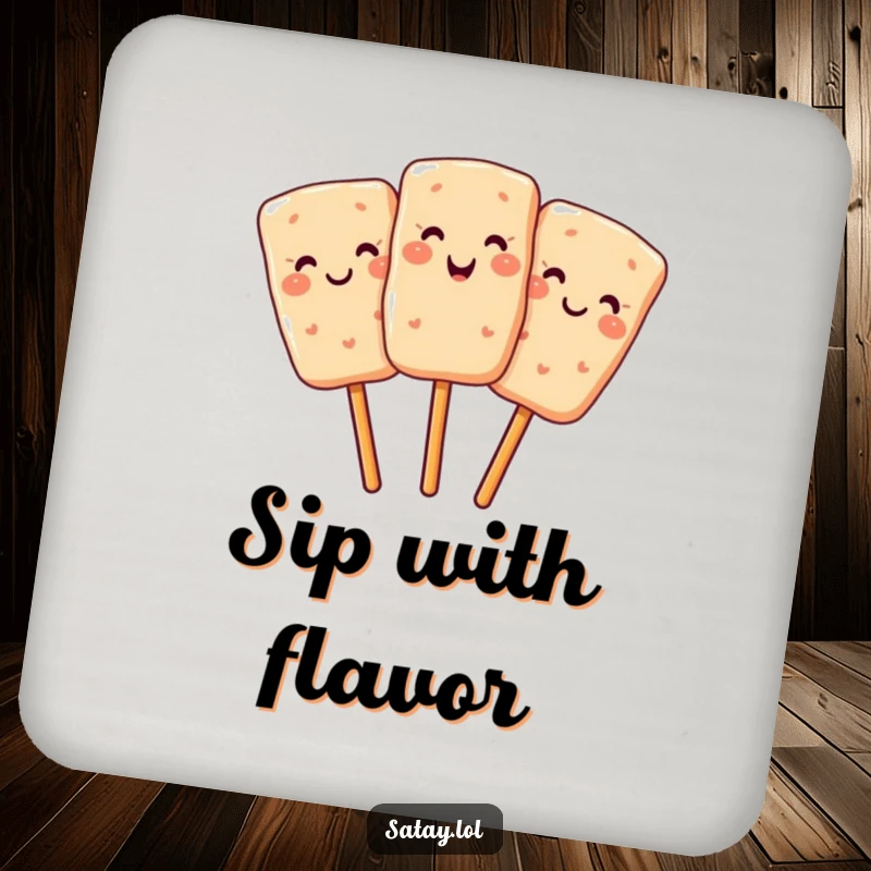 Funny drink coasters featuring a smiling satay skewer winking, adding delicious humor to tables.