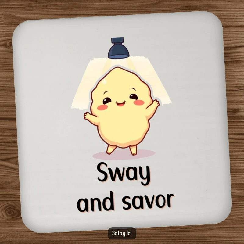 Funny satay lump performing a dance under a spotlight, featured on durable drink coasters, adding humor to any surface.