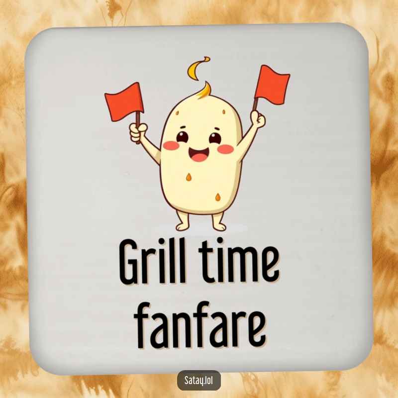 Funny Satay Character Coaster: A jubilant satay enthusiastically waves a miniature grill flag, adding a humorous and festive touch to surfaces.