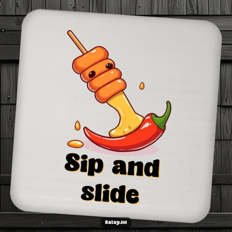 Funny coasters showing a satay skewer sliding down a chili pepper, protecting tables with spicy charm.
